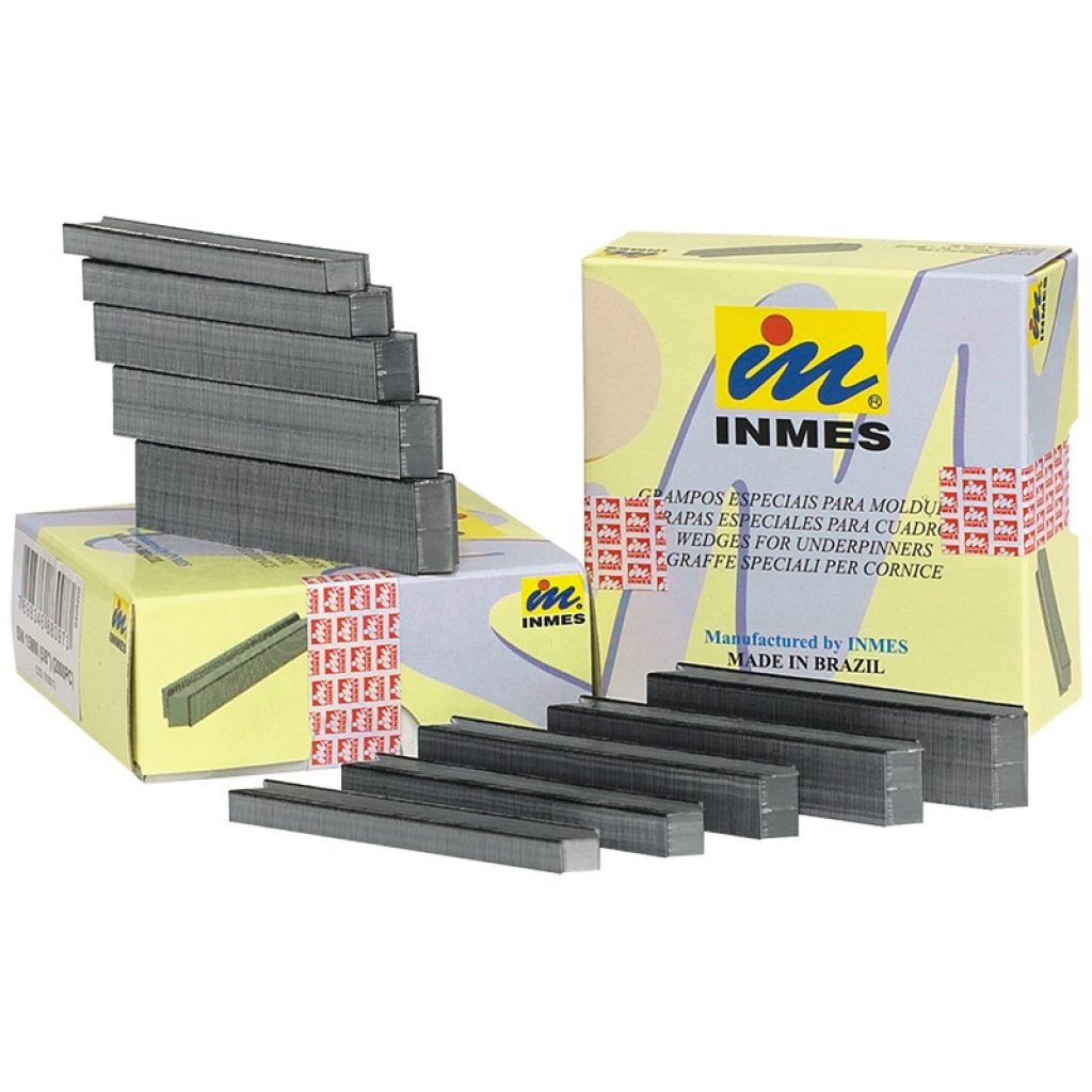 Os grampos INMES são utilizados para união de perfis de madeira ou plástico, quando da fabricação de quadros, porta retratos, móveis, portas, janelas, etc.
* Tem seu formato em 